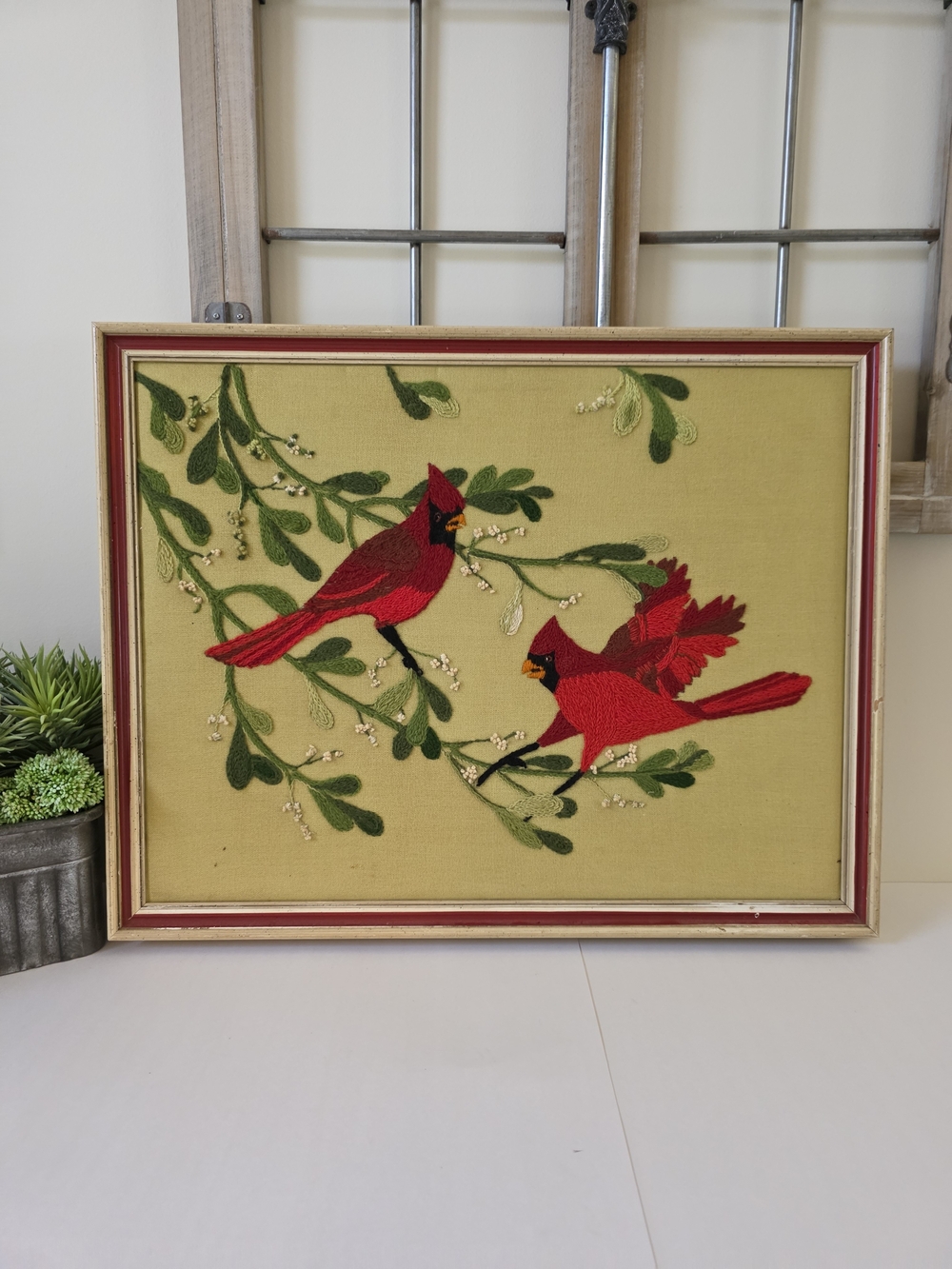 Vintage Mid Century Modern Crewel Embroidery Cardinals Mistletoe Framed Wall Art - Picture 4 of 16